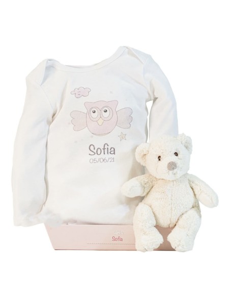 Oso de peluche y body personalizado con nombre del bebé rosa