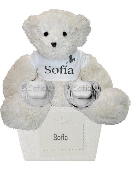 Dos chupete personalizados y un oso de peluche