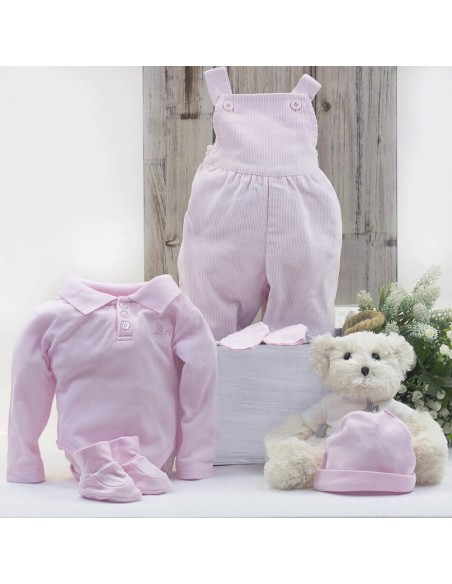 Conjunto Bebé Peto y Polo con Osito de peluche rosa